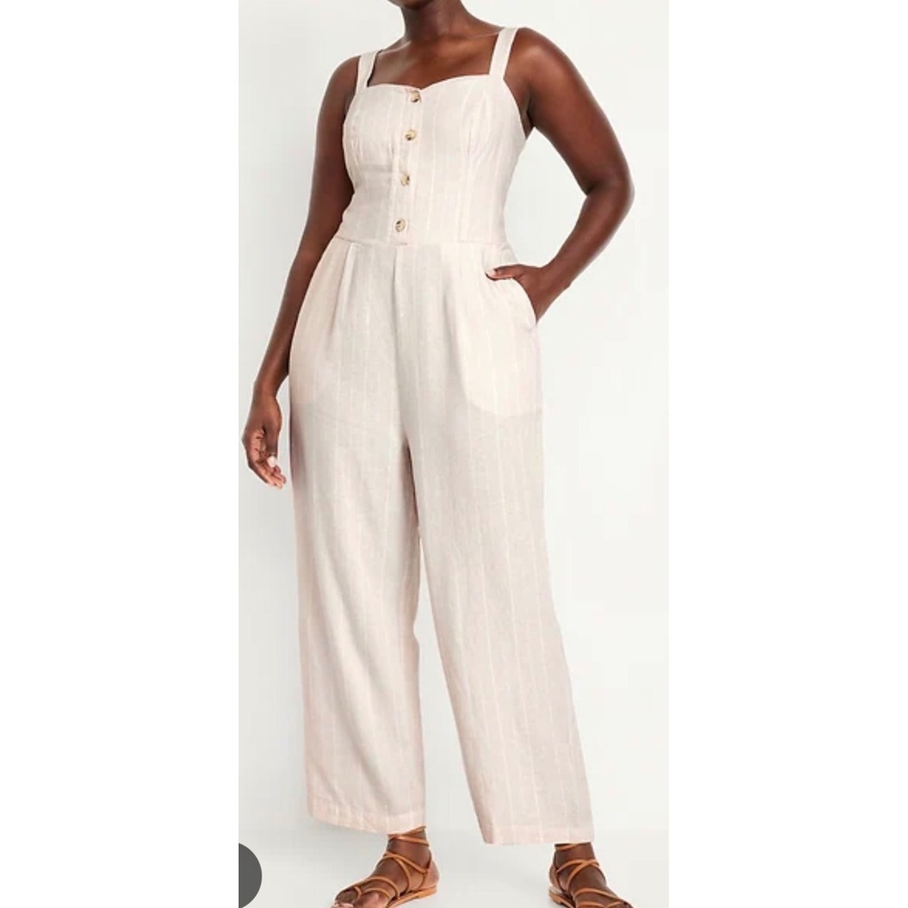 Old Navy Size Medium Button Front Linen Blend Cami Jumpsuit Cream Stripe Pocket